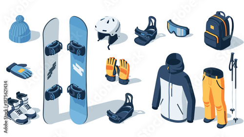 Essential winter sports gear: snowboarding equipment collection in modern isometric style