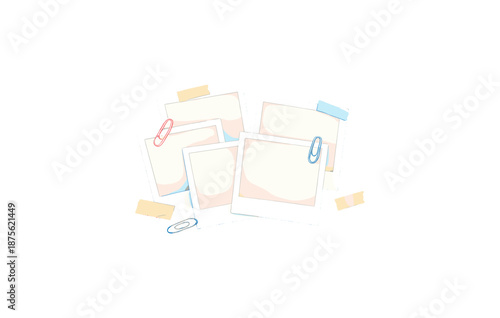 Minimalist polaroid frames with paper clips and tape on white background
