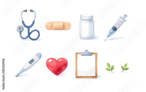 Medical icons set: stethoscope, bandage, pill bottle, syringe, thermometer, heart, clipboard, leaves