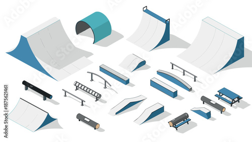 Isometric skate park elements including ramps, rails, and platforms for design projects