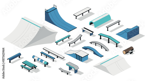 Isometric skate park elements including ramps and rails