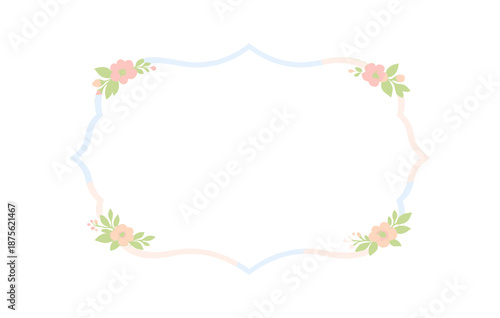 Floral pastel frame with delicate pink blossoms and green leaves on white background