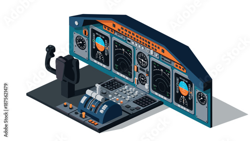 Isometric airplane cockpit panel with controls and instruments