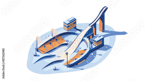Winter sports complex with ski jump in isometric design for cold season activities