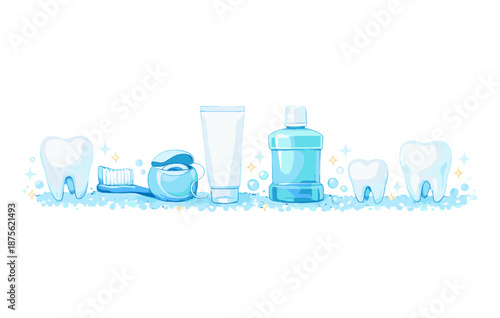 Dental care essentials: toothbrush, toothpaste, floss, mouthwash, teeth illustration