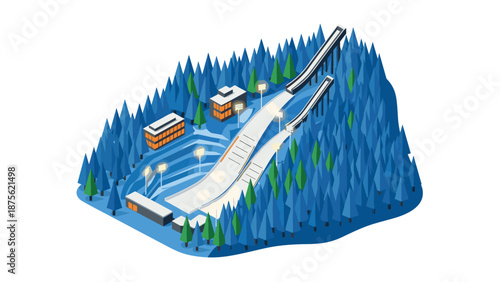 Isometric winter ski resort with jumping hills and snowy pine forest