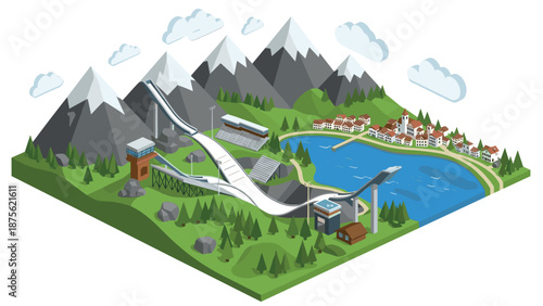 Isometric winter ski resort with jumping hills and mountain landscape
