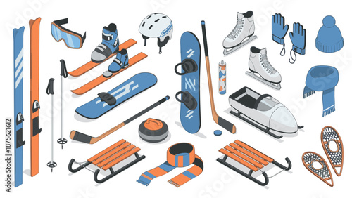 Isometric winter sports equipment collection for seasonal activities and outdoor fun