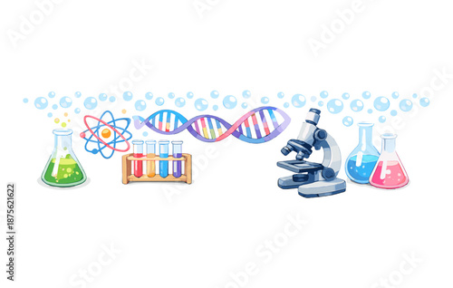 Colorful science lab equipment with dna strand conceptual illustration