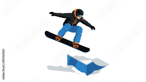 Stylish snowboarder jumping in action with winter gear on slopes