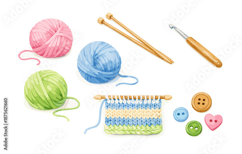 Colorful yarn, knitting needles, crochet hook, and buttons on white background