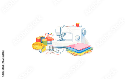 Sewing machine and accessories with fabric, threads, and pins for crafting