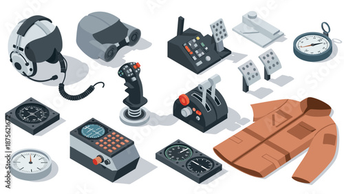 Isometric aviation equipment and pilot gear set on white background