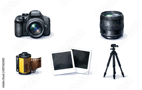 Photography essentials: camera, lens, film roll, tripod, polaroids