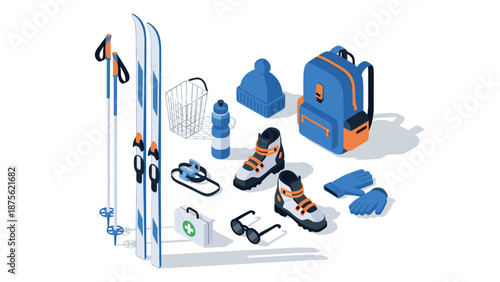 Isometric winter sports gear: ski equipment, backpack, and accessories for the snow
