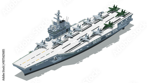 Isometric aircraft carrier with jets on deck in detailed 3d design