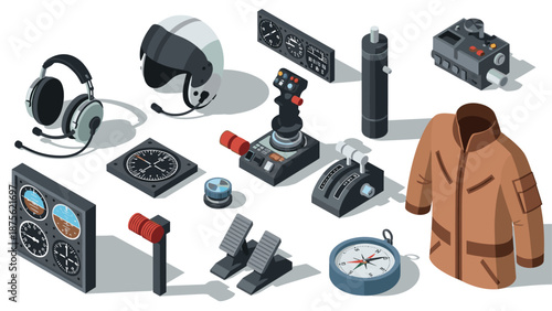 Aviation equipment set featuring aeronautical instruments and pilot gear in isometric design