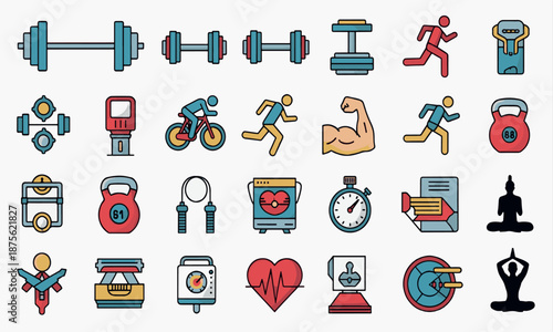 Print Flat Line Fitness and Gym Equipment Icon Mega Set