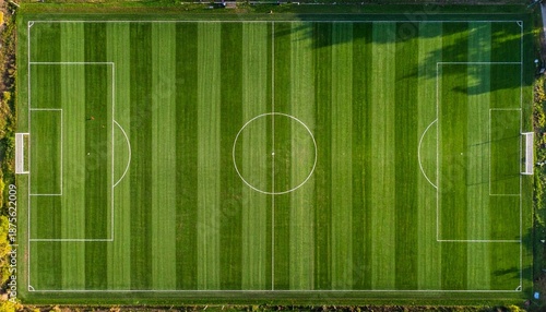 Top-down aerial view of a professional green soccer field with white markings and alternating mowed stripes