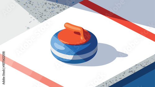 Colorful curling stone on ice rink in modern flat design style