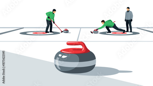 Curling match scene with players in action on ice rink