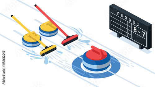 Isometric curling match with brooms and scoreboard in action
