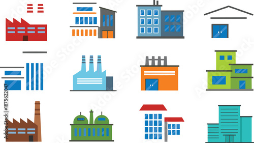 Colorful flat vector icon set of industrial buildings including factories, warehouses, power plants, manufacturing facilities, and modern office skyscrapers, isolated