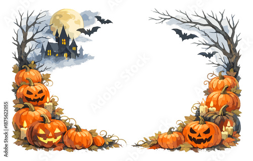 Halloween-themed border with pumpkins and haunted castle under full moon