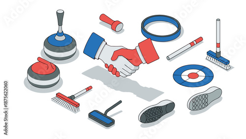 Curling sport equipment and handshake in modern isometric design