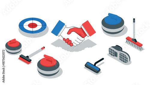 Curling collaboration: isometric curling equipment and teamwork concept