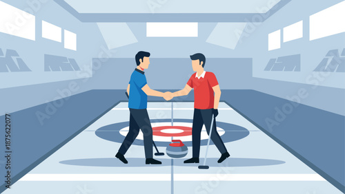 Teamwork on the ice: curling players shaking hands in indoor rink