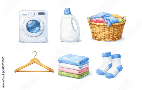 Laundry essentials: washing machine, detergent, basket, hanger, towels and socks