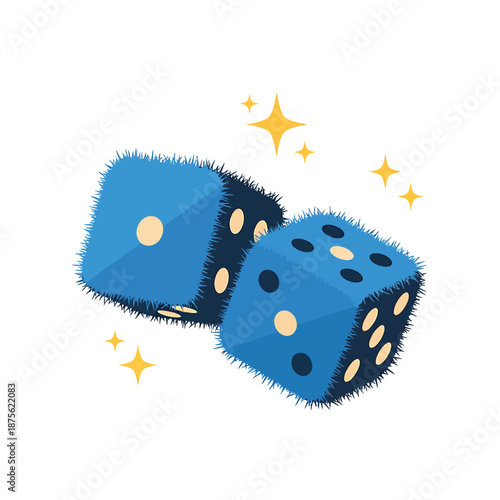 Blue Fuzzy Dice Isolated Cartoon Illustration with Yellow Sparkles Symbolizing Luck
