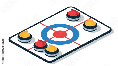 Isometric curling board game with colorful stones and target rings