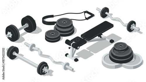 Isometric gym equipment set: dumbbells, barbell, kettlebell, and exercise bench