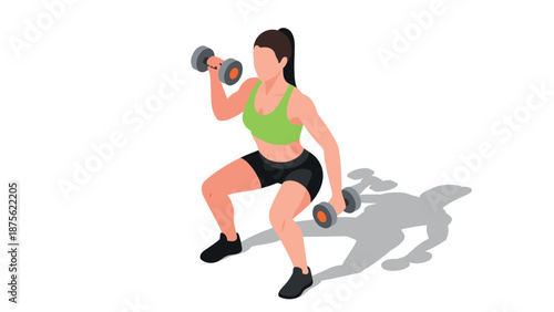 Active woman performing dumbbell squats in isometric style for fitness