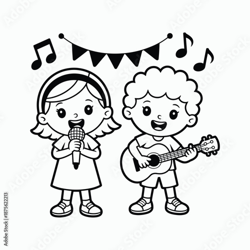 Cartoon kids singing and playing music with microphone and guitar children vector illustration isolated on white background