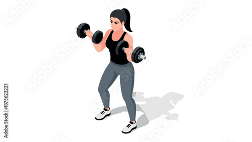 Athletic woman exercising with dumbbells in isometric style