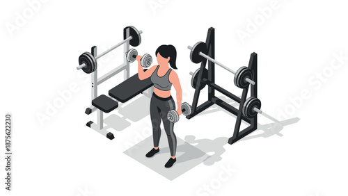 Isometric gym equipment with woman lifting dumbbells