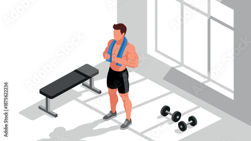 Isometric gym scene with athlete, weights, and bench in bright fitness studio