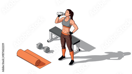 Fit woman hydrating after workout with gym equipment in isometric style