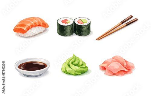 Assorted sushi elements with chopsticks wasabi and soy sauce on white background