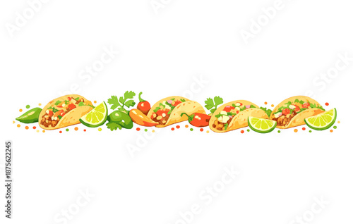 Colorful mexican tacos with fresh vegetables and lime wedges on white background