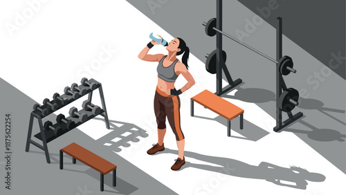 Fitness enthusiast hydrating in modern gym with equipment on sunny day