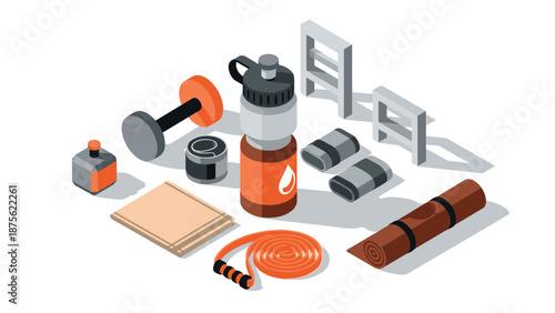 Isometric fitness equipment set: dumbbells, yoga mat, bottle in modern design