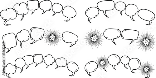 Collection of hand drawn comic speech bubbles, thought clouds, and explosion bursts, black outline vector elements, isolated on white background, set.