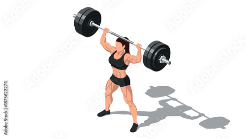 Strong woman lifting heavy barbell in athletic pose on white background
