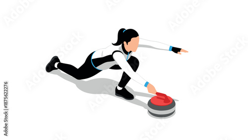 Female athlete sliding in action during curling game in isometric style