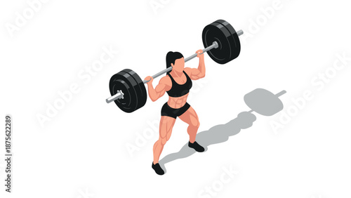 Strong woman lifting weights in isometric style