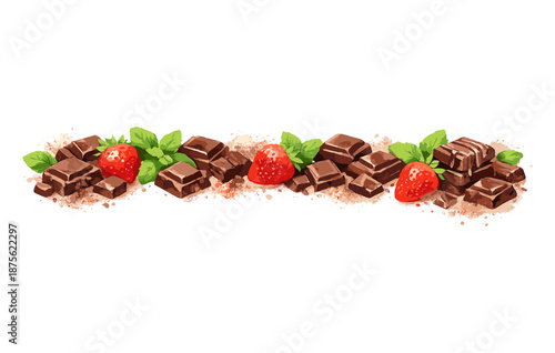 Assorted chocolate and strawberries with mint leaves on white background